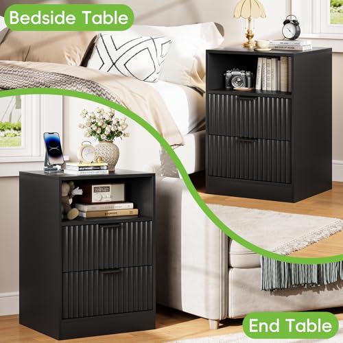 Image of Black Night Stand Set 2, LED Nightstand with Charging Station, Fluted Nightstands Set of 2 with 2 Drawers, Wood Side Table End & Bedside Tables for Bedroom Sofa Office