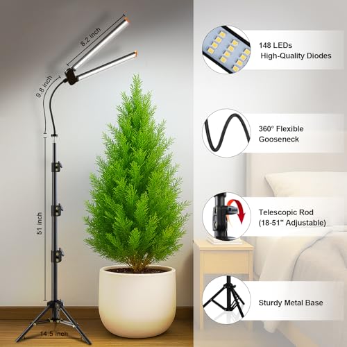 Image of YEOLEH Floor Lamp Grow Light for Large Tall Plants Indoor, 6000K White Full Spectrum Plant Growing Light with Red Blue LED, Foldable Light Strip, Dimmable & Timer Function, Height 17-62'' (100, Watts)