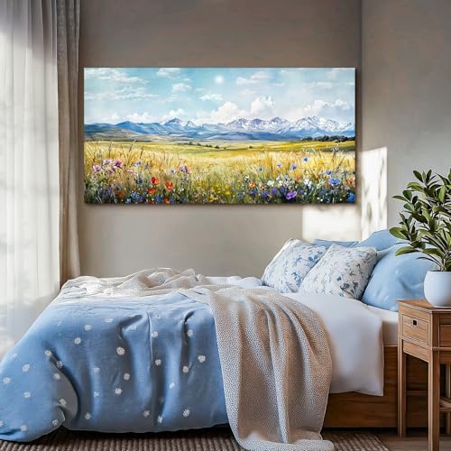 SERIMINO Outdoor Landscape Large Wall Art, Nature Country Scenic Canvas Art Prints, Meadow Wildflowers Big Artwork for Walls, Mountain Cloud Sunlit Pictures for Living Room Dining Room 30"X60"