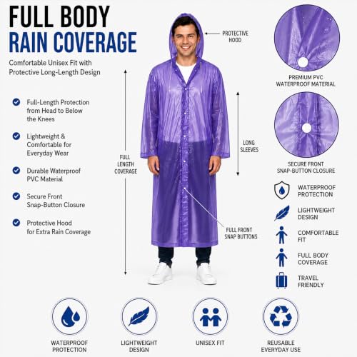 Image of OTOROYS Waterproof Long Rain Coat with Hood for Men, Women, Boys & Girls | Universal Full Length Reusable PVC Raincoat | Lightweight Portable Rain Ware for Bike Riding, Travel & Outdoor, Purple