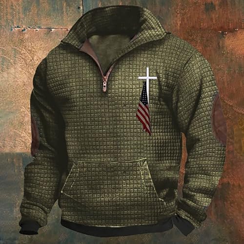 Christian Sweatshirt for Men Quarter Zip American Flag Jesus Cross Sweater with Elbow Patches Casual Pullover Tops2