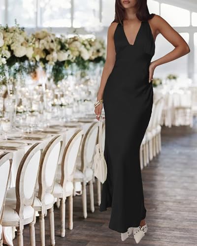 Image of Women's Satin Dresses Summer Bodycon Sexy Halter V Neck Backless Elegant Formal Prom Cocktail Wedding Guest Maxi Dress