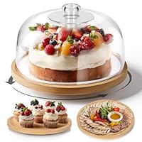 Masthome Cake Stand with Lid, 12'' Wood Cake Plate with Acrylic Dome Cover, Rotating Cake Display Holder with Cover for Birthday Wedding Party Baking Gifts