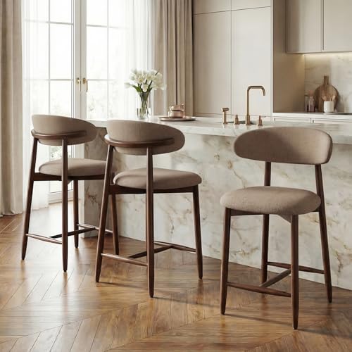 Image of Bar Stools Set of 3, 25.6″ Counter Height Bar Stools with Wood Legs, Upholstered Modern Kitchen Barstools for Kitchen Island Dining Room Bar, Camel