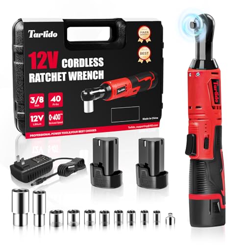 Tarlido 3/8' Electric Ratchet Wrench, 40 Ft-Lbs 400 RPM 12V Cordless Battery Powered Ratchet Wrench Set with LED Light, Including 2 Batteries, 11 Sockets and Fast Charge-Red