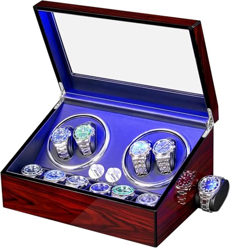ANWBROAD Uhrenbeweger für Automatikuhren 4 Uhren+6 extra Speicherplätze 4 Drehmodis mit super leisem Mabuchi Luxuriöser Automatik Uhrenbeweger Watch Winder Uhrendreher USB-Aufladung JWW002R