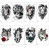 SSyang 8 Feuilles Tatouage Temporaire, Tatouage Ephemere Forme de Tigre Lion Loup, Faux Tatouages pour Adultes, Tatouages Preuve de l'eau Temporaires Autocollants Réalistes, pour Hommes et Femmes