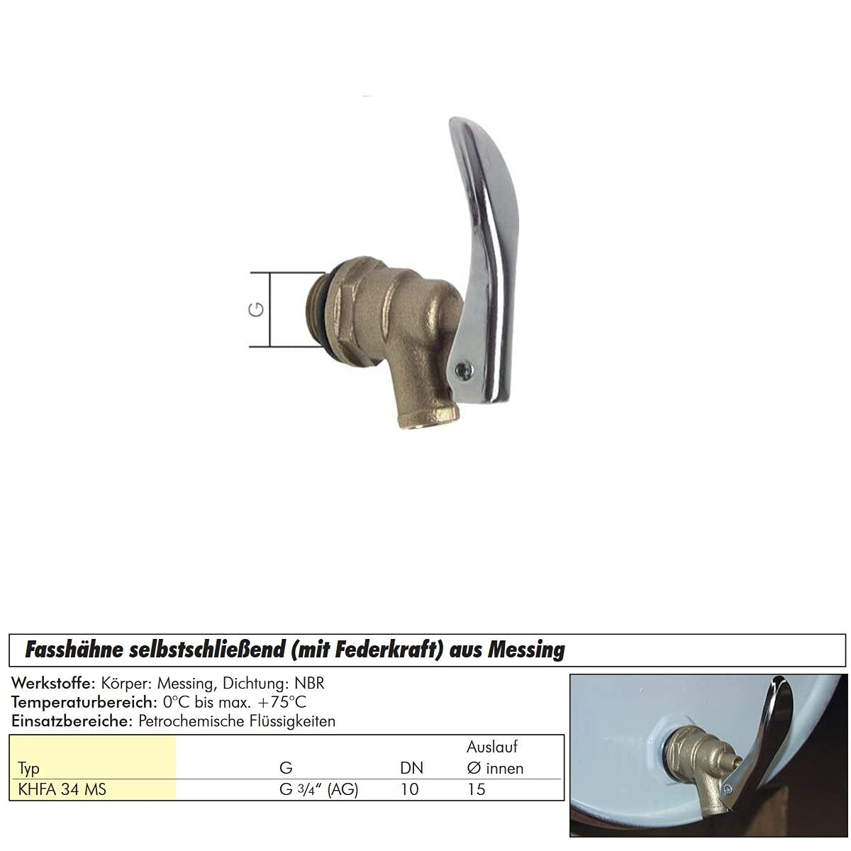 Fasshähne selbstschließend (mit Federkraft) aus Messing, Ventil, für Petrochemische Flüssigkeiten (Gewinde: G 3/4" (AG))