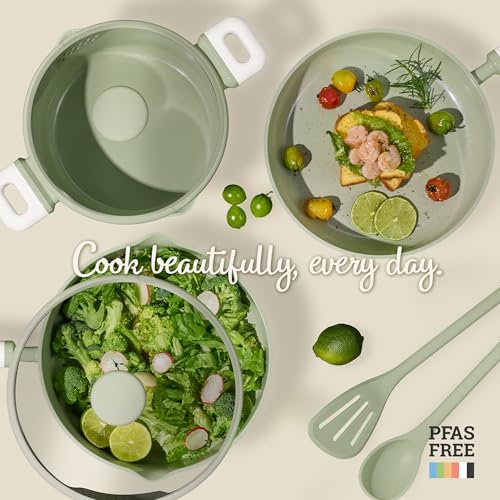 Image of CAROTE Pots and Pans Set Nonstick, Ceramic Cookware Set, Green Cooking Set Kitchen Induction Set with Steamer, PFAS PTFE Free,9 Piece