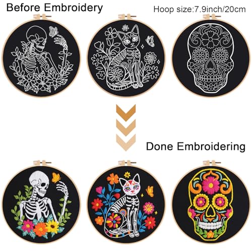 Image of Louise Maelys 3 Sets Halloween Embroidery Kits for Beginners,Cross Stitch Kit for Adults,DIY Starters Needlepoint with Skull Flowers Pattern,Including Instruction