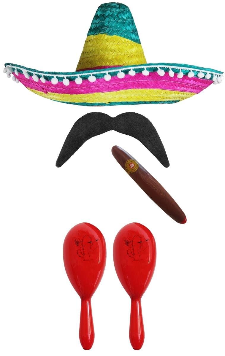 Adults Mexican Accessory Set - Multicoloured Sombrero, Red Maracas, Fake Cigar, Moustache - Cinco de Mayo Sensorita Bandit Mariachi Fancy Dress Costume Accessory Set