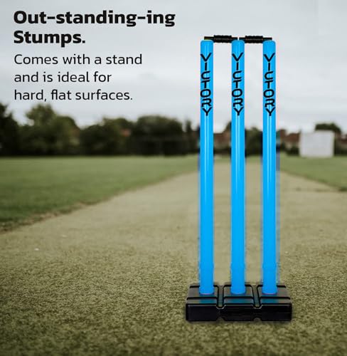 Image of Victory Cricket Stumps with Stand Cricket Kit Plastic Wickets for Cricket Standard Size Wickets for Cricket Ground, Match, Tournament Stump with Stand & Bails (Blue)