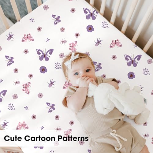 Image of Little Grape Land Mini Crib Sheets 4 Pack, Pack n Play Sheets Fitted 38 x 26 for Boys and Girls, Pack and Play Sheets Compatible with Graco Pack n Play Playard, Butterfly Flower