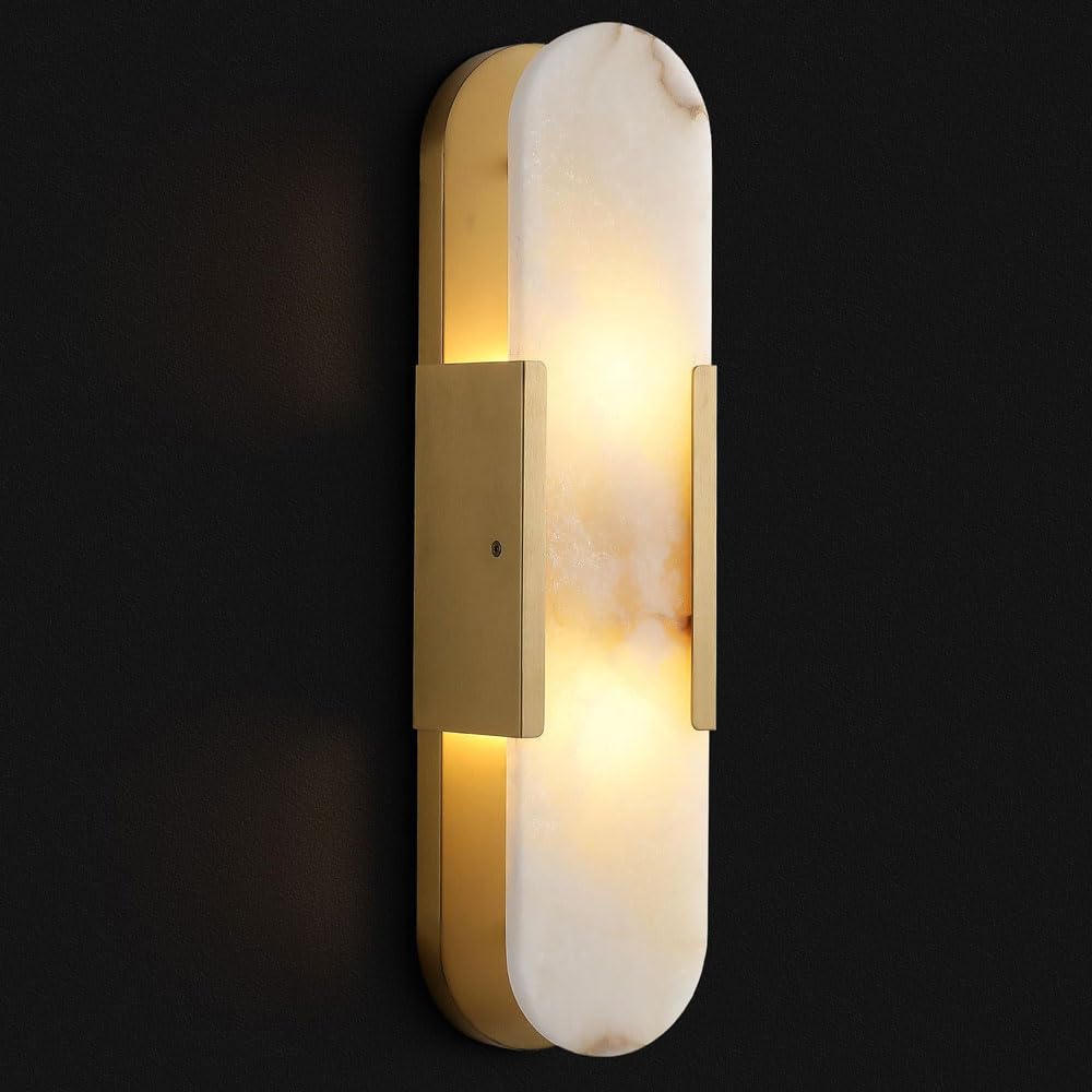 19.7" Natural Alabaster Wall Sconce Modern Brass Bedroom Bedside Marble Wall Lamp for Bathroom Indoor 7W LED Mirror Wall Light Vanity Light Fixtures Perfect for Hallway Living Room 3000K