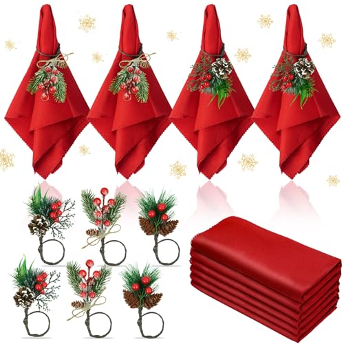 Korlon Tec 12Pcs Christmas Napkins and Ring Set 6Pcs Washable Red Christmas Napkins Cloth and 6Pcs Christmas Napkin Rings for Holiday Party Dinner Christmas Table Decorations