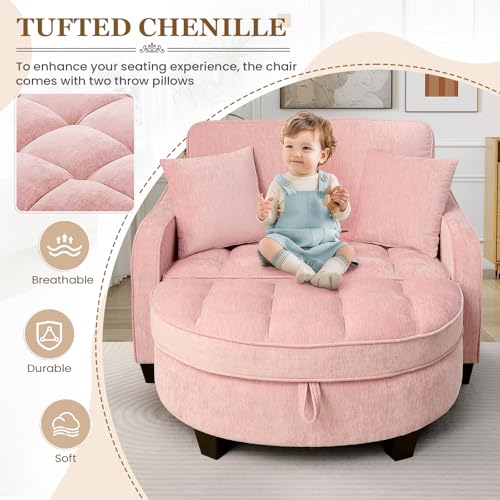 Image of Oversized Chair and A Half, Chenille Tufting Accent Cozy Reading Sofa Chair with Storage Ottoman, Upholstered Loveseat Chaise Lounge Sofa with Adjustable Back for Living Room, Office, Sunroom, Pink