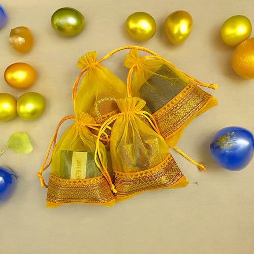 KRIWIN Pack of Thirty Small Size Silk Organza Potli Gift Bags Coin Bags(15 X 10 cm) Drawstring Closure (Yellow) - Image 3