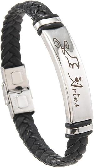 Zodiac Sign Bracelets for Men Stainless Steel Horoscope Woven Leather Punk Constellation Braided Wrist Rope Jewelry