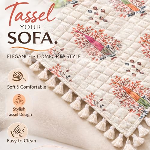 Image of HOKIPO Royal Kalamkari Quilted Sofa Backrest Cover Mat| 'Tassel Twigs' Series (IN-988-T2)