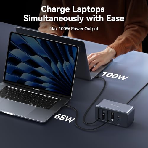 Image of TobenONE 165W USB C Charging Station with Built-in Retractable Cable(2.3ft) & Lightning Adapter, 3 USB C, 1 USB A, 100W Desktop Fast Charging for MacBook, iPhone 17, iPad, Samsung, Home, Office