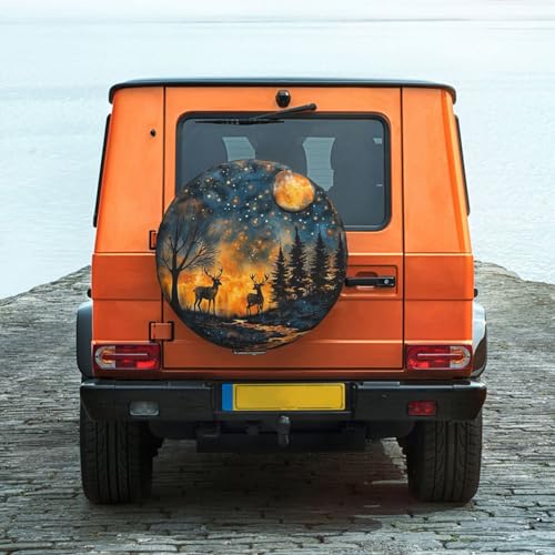 Image of Starry Sky Deer Spare Tire Cover Wheel Protectors Weatherproof Deer Pattern Wheel Covers Universal Fit for Trailer RV SUV Truck Camper Travel Trailers Accessories 14 Inch