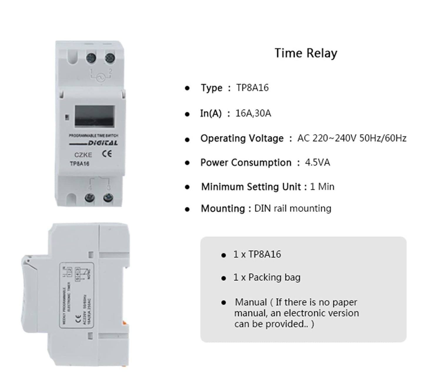 TP8A16 AC 220V 16A 30A Din Rail Weekly 7 Days Programmable Digital TIME Switch Relay Timer Control(16A)