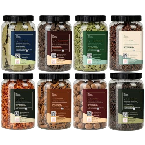Image of LILA DRY FRUITS Indian Spices Garam Masala Combo | Badi Elaichi, Hari Elaichi, Laung, Dalchini, Kali Mirch, Javitri, Jaiphal & Tej Patta 100 Gms Each