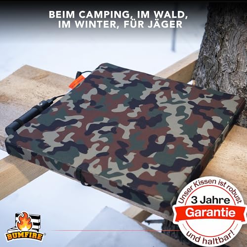 Bumfire Sitzkissen Beheizbar & Faltbar - Akku Heizkissen Kabellos mit USB Anschluss - Elektrisch Beheizbare Sitzauflage Wärmekissen Ansitzkissen Jagd, Hochsitz, Outdoor Kissen - Camouflage - 35x35 cm