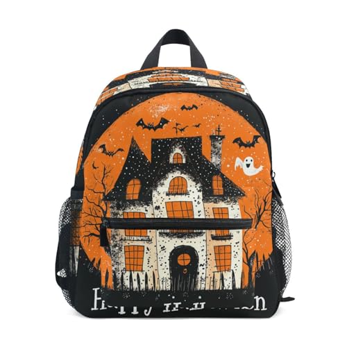 Scary Halloween Orange Spooky Kids School Backpacks Bottle Pockets Boys Student Book Bags for Airplane M