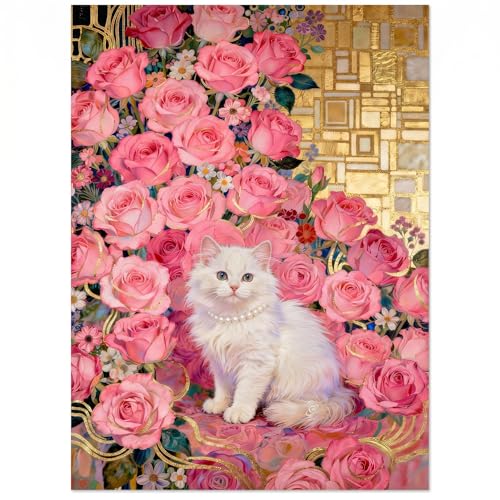 1000 Piece Puzzle for Adults, Elegant White Persian Cat with Pink Roses - image 1