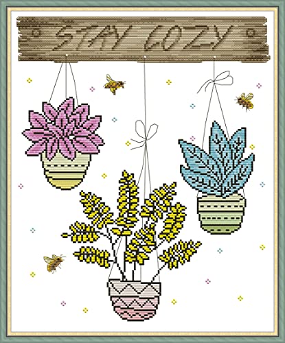 Maydear Cross Stitch Kits Stamped Full Range of Embroidery Starter Kits for Beginners DIY 14CT 2 Strands -Three Basin Flower 13.78×16.54 inch - Thumbnail 2