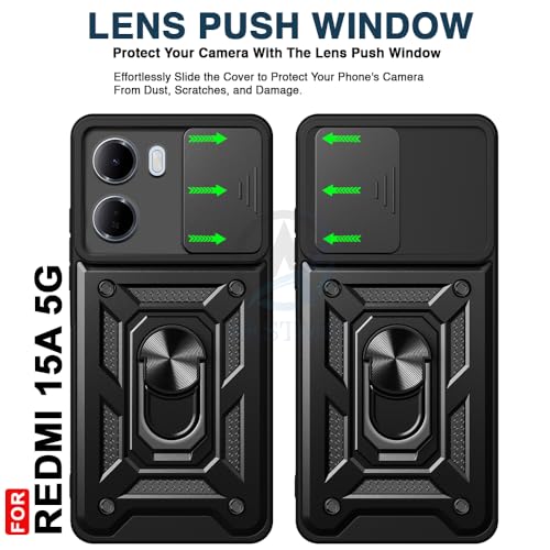 Image of AESTMO Tough Armor Redmi 15A 5G Bumper Back Case Cover | Ring Holder & Sliding Camera Shield Cover | 360 Degree Protection Back Case Cover for Redmi 15A 5G (Black)