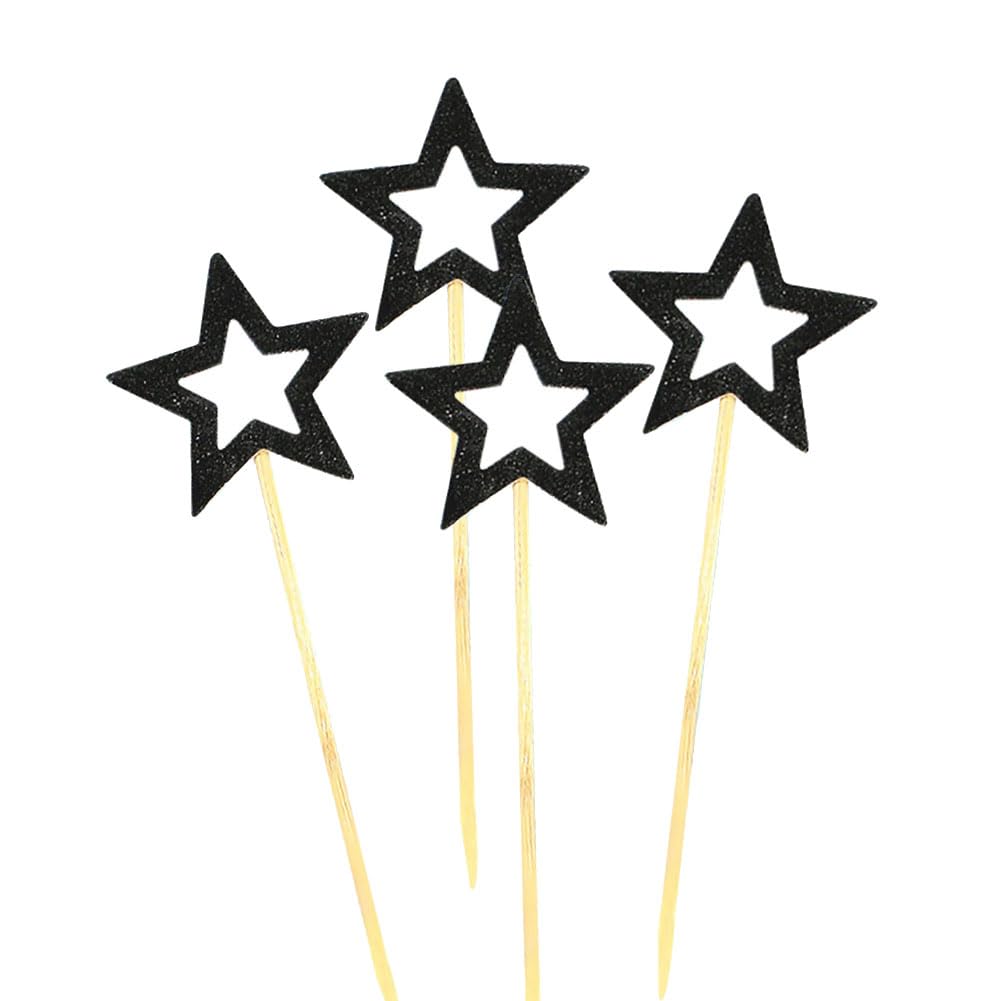 HugeDE 100 Pcs Star Cupcake Picks Glitter Star Cupcake Toppers Mini Star Cake Toppers Star Food Picks Wedding Cake Picks Black