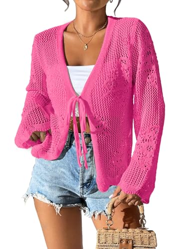 Image of Womens Tie Front Lightweight Crochet Cardigan Shrugs Knit Cardigan Crop Tops Cover Up