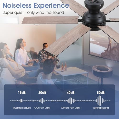 Image of 52 inchModern 6-Blades Black Low Profile Flush Mount Ceiling Fans with Light | Supports Remote and APP,6 Wind Speeds, Reversible, Dimmable 3 Light Colors LED Light, Quiet DC Motor,6 Double-Sided Blades