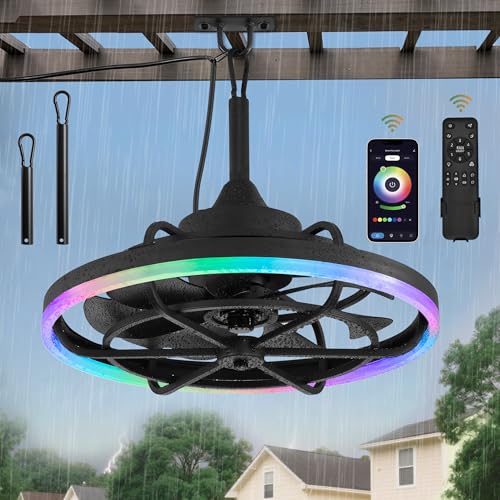 Image of Fanbulous Outdoor RGB Ceiling Fans with Light, 20 inch Waterproof Gazebo Fan | IP65, Weatherproof, Plug in, Remote&APP Control, 3CCT Dimmable,2H Timer, Caged, with Hanging Hook for Patio, Porch, Pergola
