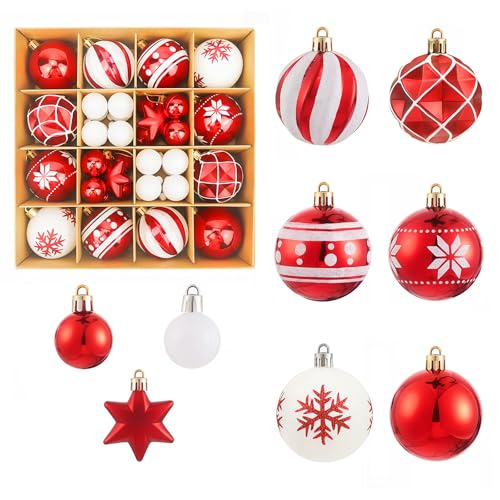 Juego de 42 Bolas para árbol de Navidad, 6cm/3cm Bolas de Navidad Rojo y Blanco, Juego de Decoraciones para árbol de Navidads, para Adornos para árboles de Navidads