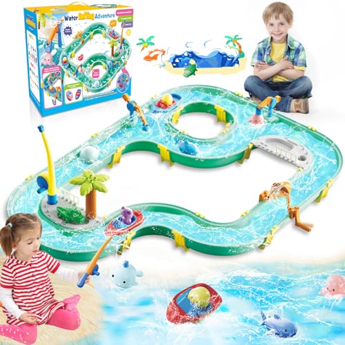 BuzzoXerex Juguete de Mesa de Arena y Agua, 2 en 1 Mesa de Agua y Arena Set, Mesas de Juegos Exteriores con Barcos x2 Muñecas x6 Cañas de Pescar x2 para Niños 3+ Años