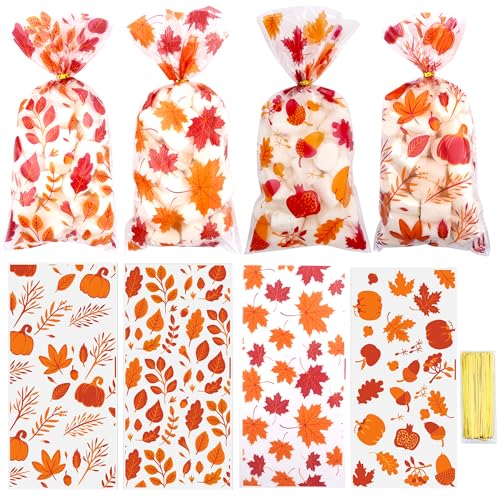 Fall Treat Bags Thanksgiving Cellophane Treat Bags Pumpkin Leaf Fall Candy Bag Plastic Fall Goodie Bag Autumn Maple Leaf Pumpkin Candy Cookies Goodie Gift Bags for Thanksgiving Party Favors 50 Pcs