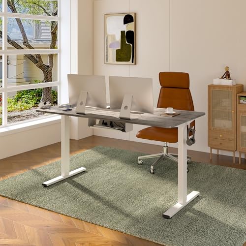Image of FLEXISPOT EN2 Whole-Piece Standing Desk with Clamp Power Strip, 48 x 24 Electric Stand Up Height Adjustable Desk with Cable Management (White Frame + 48 inch Gray Wood Grain Desktop, 2 Packages)