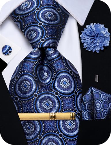 Image of YourTies Silk Paisley Floral Tie and Pocket Square Cufflinks with Lapel Pin Sets for Men 5PC Wedding Party
