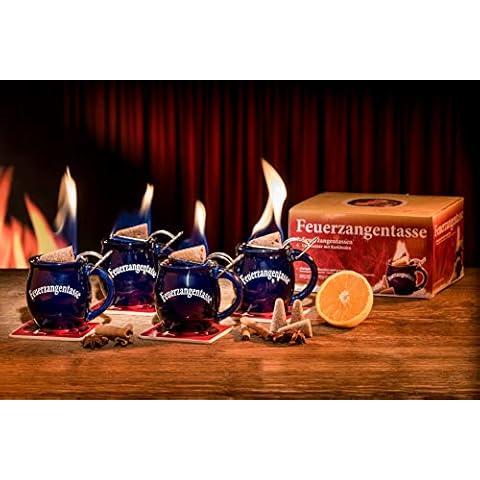 Feuerzangentasse 4er-Set, mit Rum (100ml) + ZimtZuckerHütchen (20er), Blau - für Feuerzangenbowle Cover