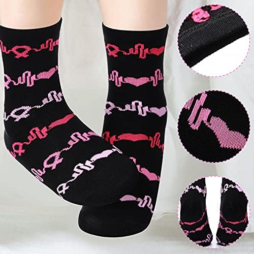 SATINIOR 6 Pairs Pink Ribbon Breast Cancer Awareness Gift Socks for