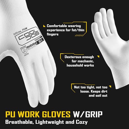 Image of COOLJOB Polyurethane (PU) Coated Safety Work Gloves, 12 Pairs Working Gloves with Grip, One Dozen Bulk Pack, White, Small Size (12 Pairs S)