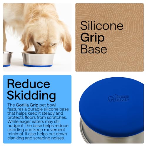 Image of GORILLA GRIP Dog Bowls, Food Grade 304 Stainless Steel, Holds 2 Cups Each (16 fl oz) Food and Water Bowl for Feeding Dogs and Cats, Dishwasher Safe, Rust Resistant, BPA Free Rubber Base Set of 2 Blue