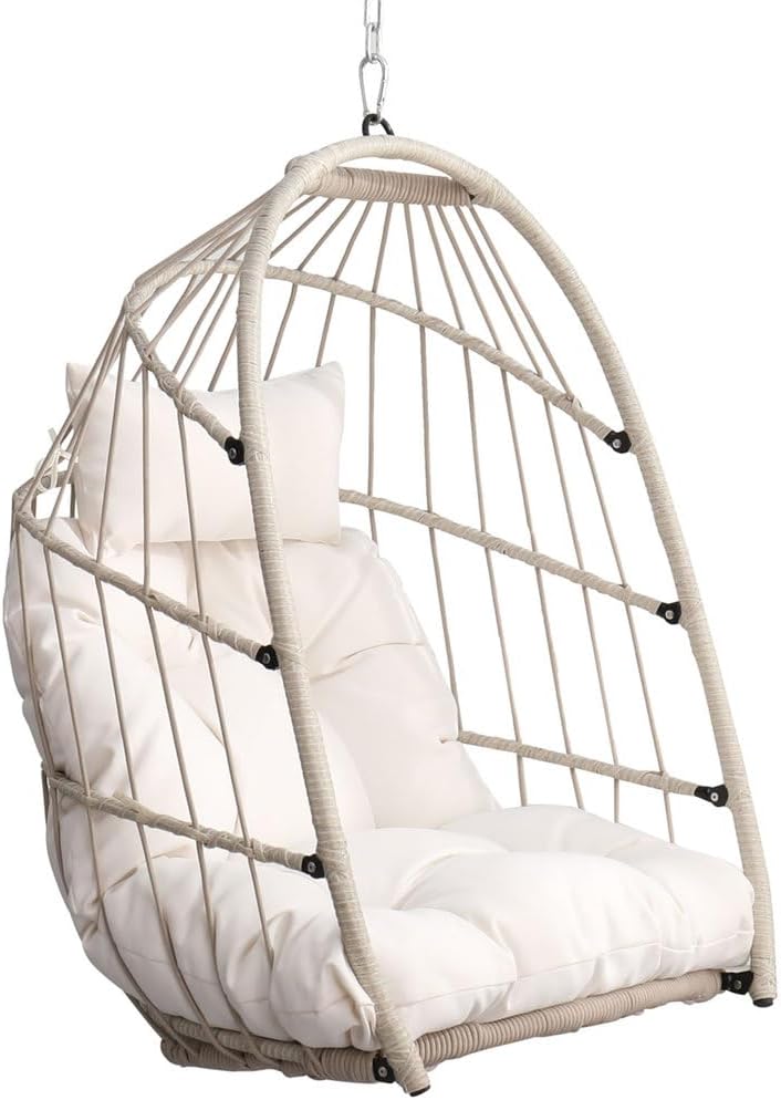 Hanging Egg Chair Without Stand – Foldable Rattan Wicker Swing Chair with Cushion & Headrest, 350lbs Capacity, Ceiling/Tree Mount Kit Included for Indoor Outdoor Use,White