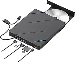 Gravador de DVD Externo 8-em-1, USB 3.0, Tipo-C, Portas Micro SD e T-Flash