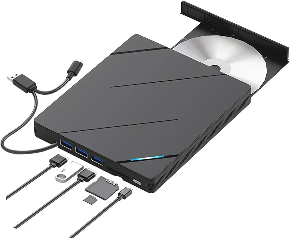 Gravador de DVD Externo 8-em-1, USB 3.0, Tipo-C, Portas Micro SD e T-Flash