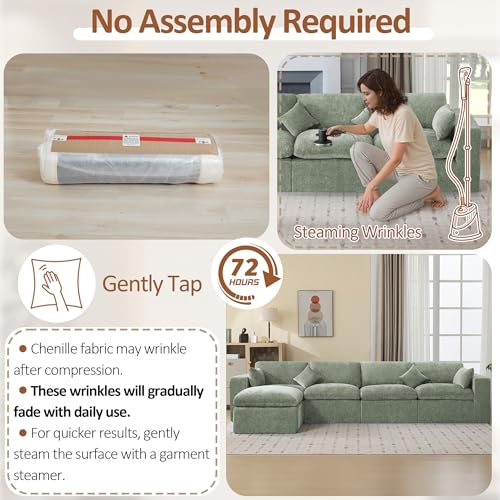 Image of 146''Cloud Boneless Sectional Couch, Modular Sectional Sofa Deep Seat with Ottoman, Oversized Upholstered Convertible Comfy 5 Seater Chenille Sofa L Shape Couches for Living Room, Green