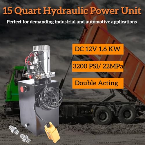 Image of 15 Quart 12V DC Hydraulic Power Unit, 3200 PSI Double Acting Hydraulic Pump with Metal Reservoir for Dump Trailers, Car Lifts, Truck Hoists, RV Leveling & Heavy Duty Applications Mixizap